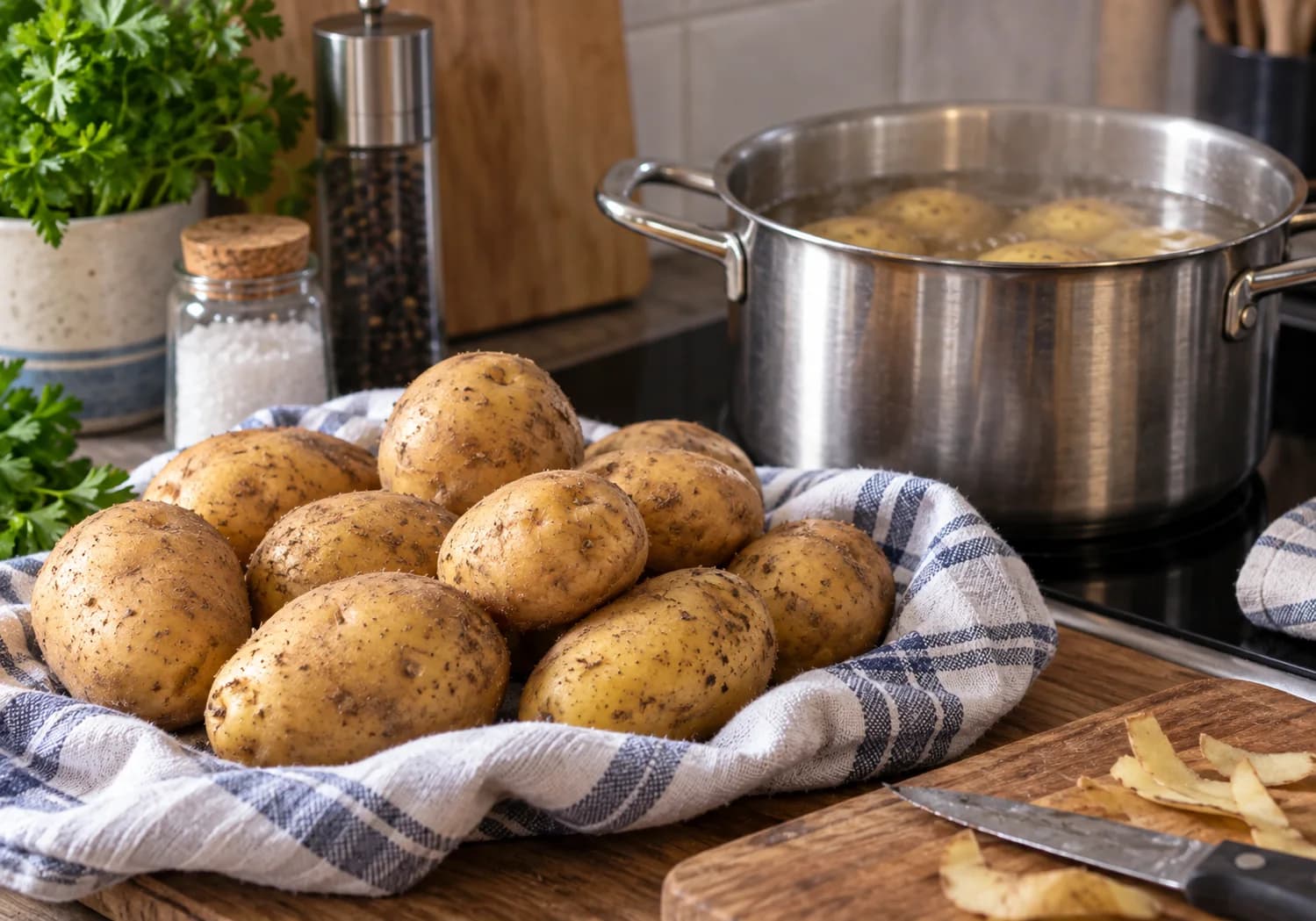 Topf mit gleichmäßig gegarten Kartoffeln auf dem Herd