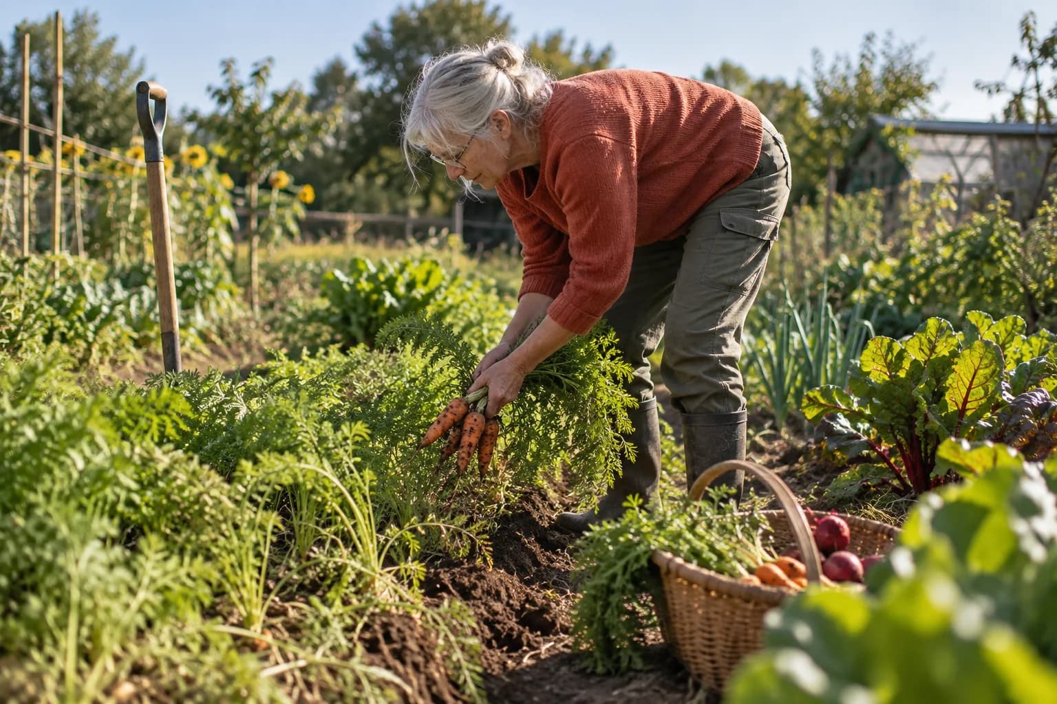 Person arbeitet zwischen vielfältigen Gemüsebeeten in einem Folientunnel als Teil eines Permakulturgartens