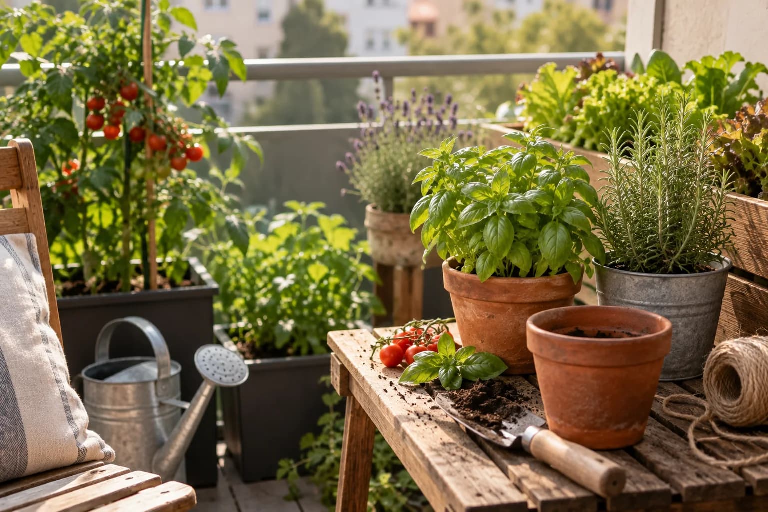 Kleiner Balkongarten mit Gemüse, Kräutern und wenigen gut ausgewählten Pflanzgefäßen