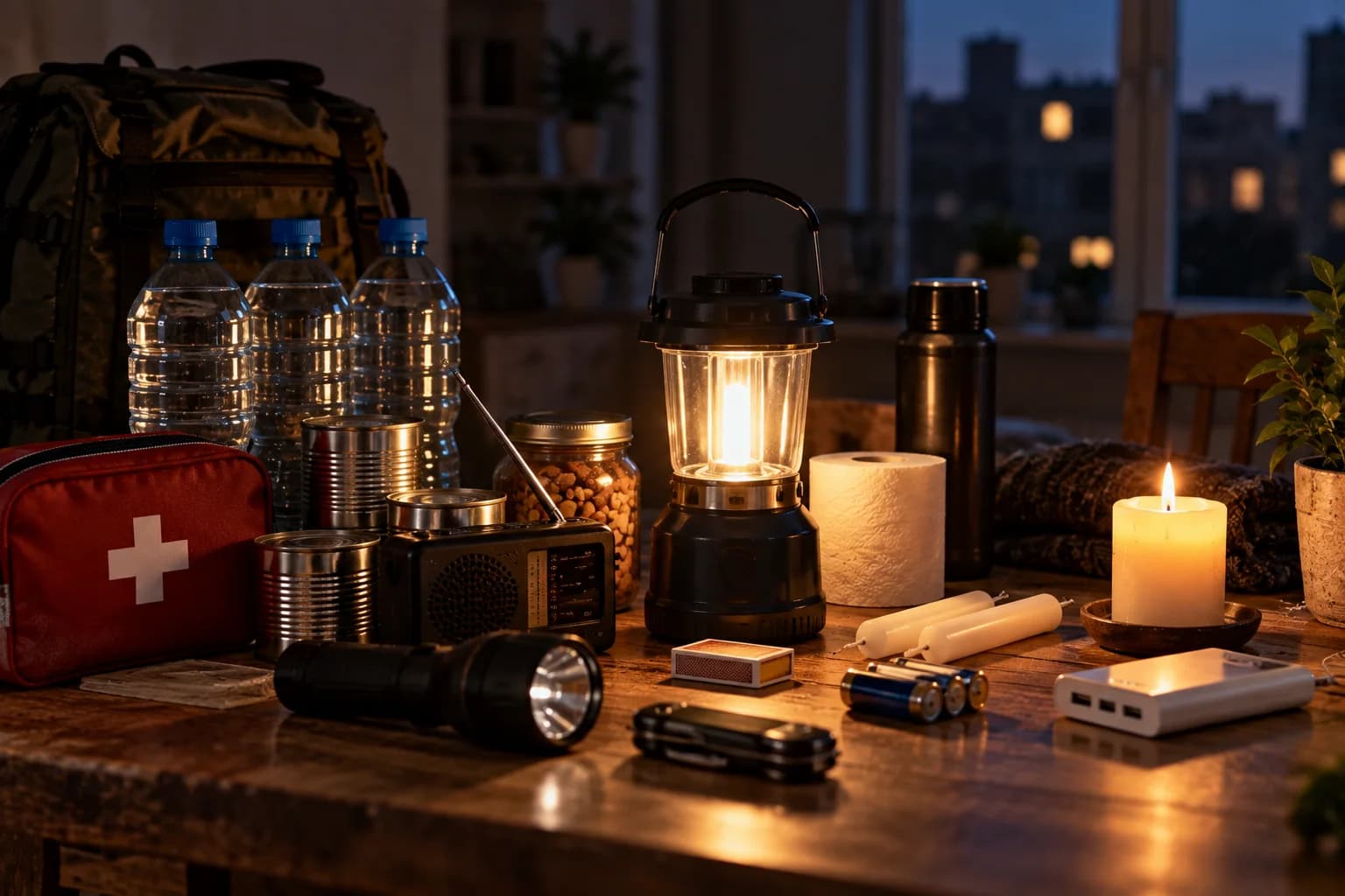 Wohnhäuser während eines Stromausfalls mit dunklen Fassaden und wenigen beleuchteten Fenstern