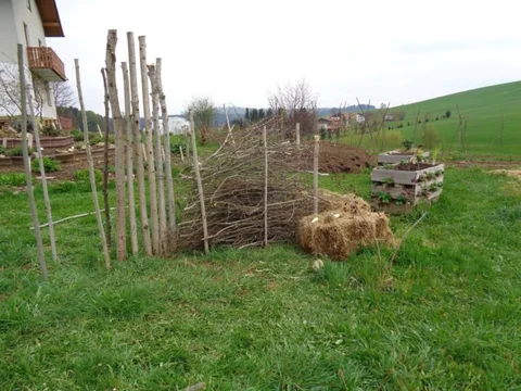 Benjeshecke während des Aufbaus neben den Gartenbeeten