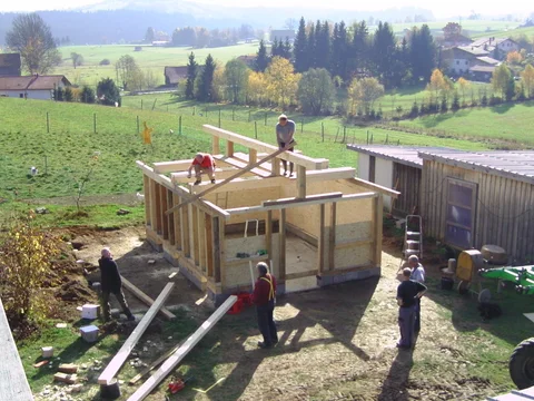 Aufgestellte Holzwände des neuen Hühnerstalls